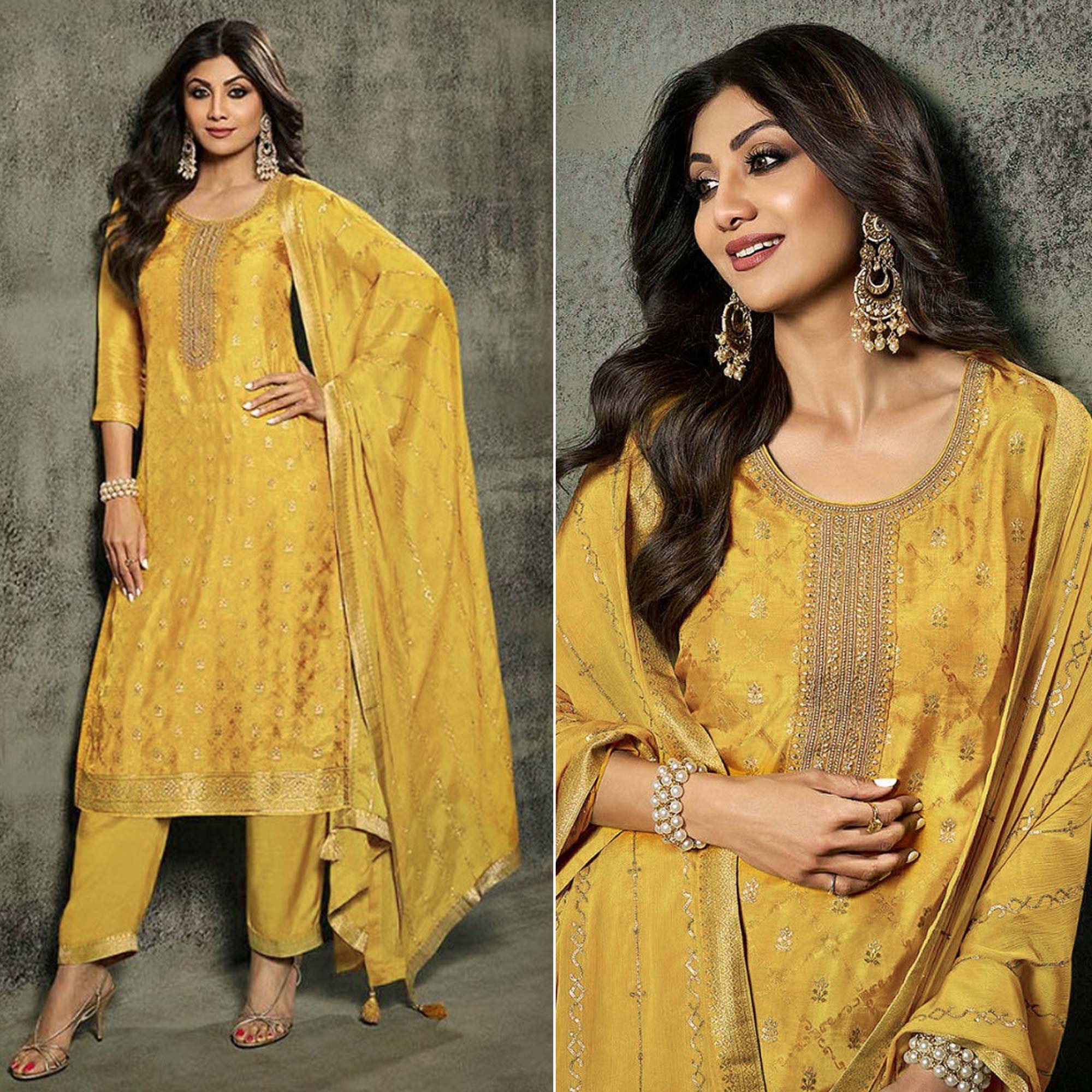 Yellow Floral Woven Jacquard Semi Stitched Salwar Suit