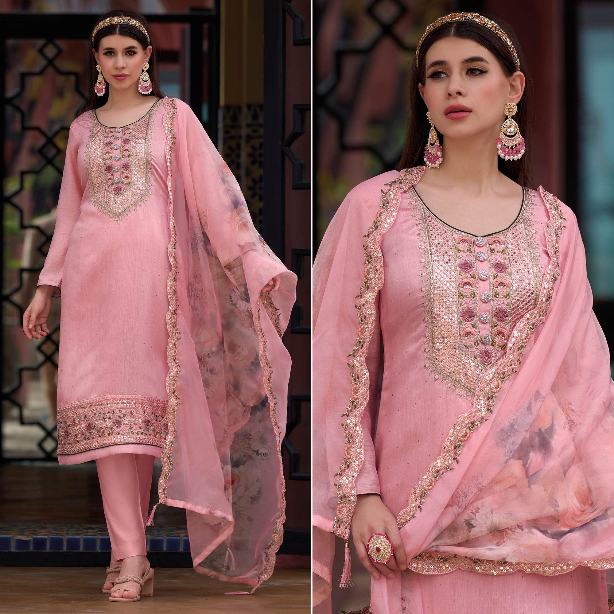 Pink Floral Embroidered Viscose Semi Stitched Suit