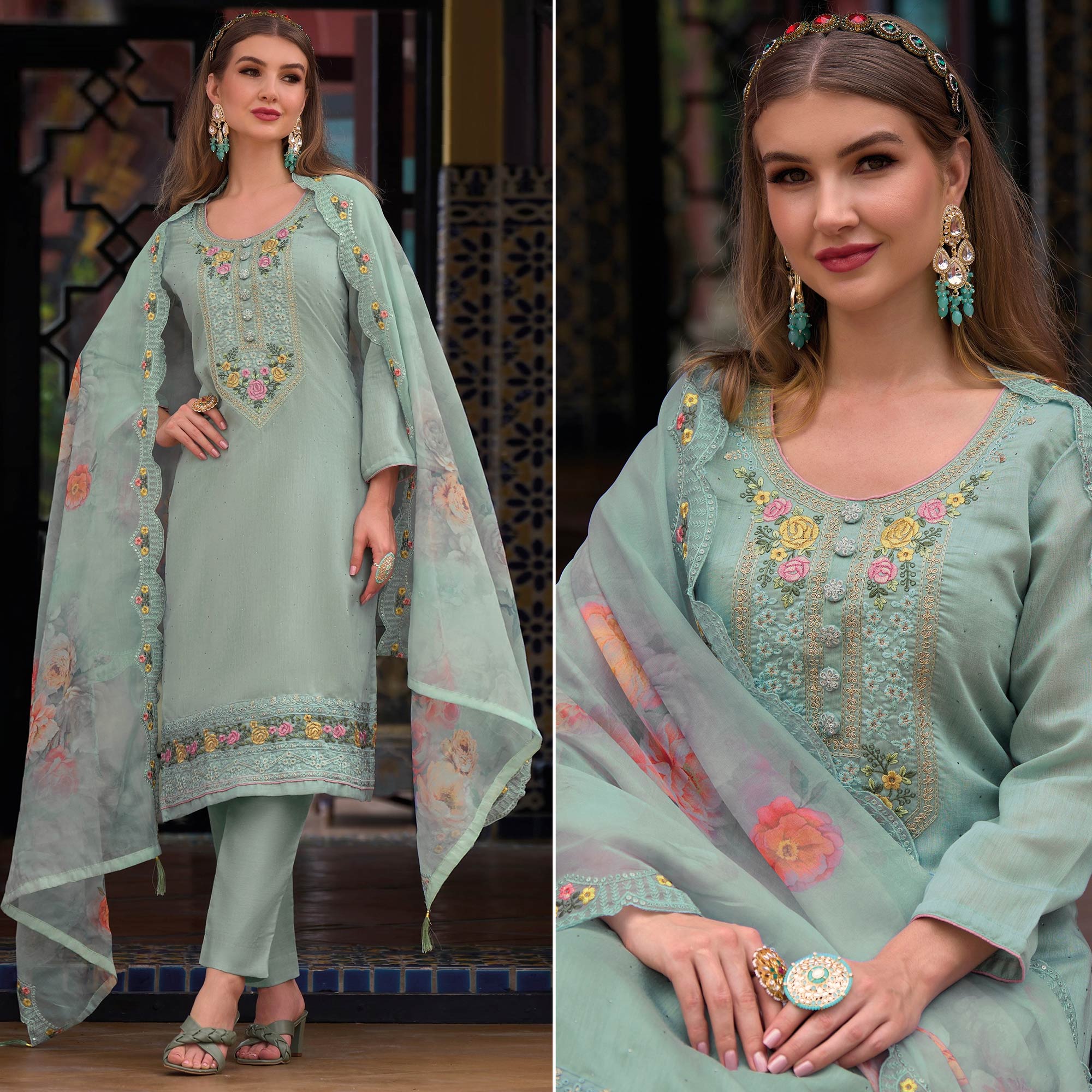 Blue Floral Embroidered Viscose Semi Stitched Suit