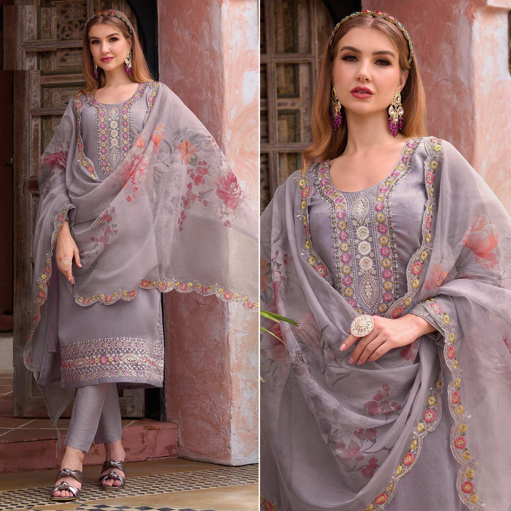 Purple Floral Embroidered Viscose Semi Stitched Suit