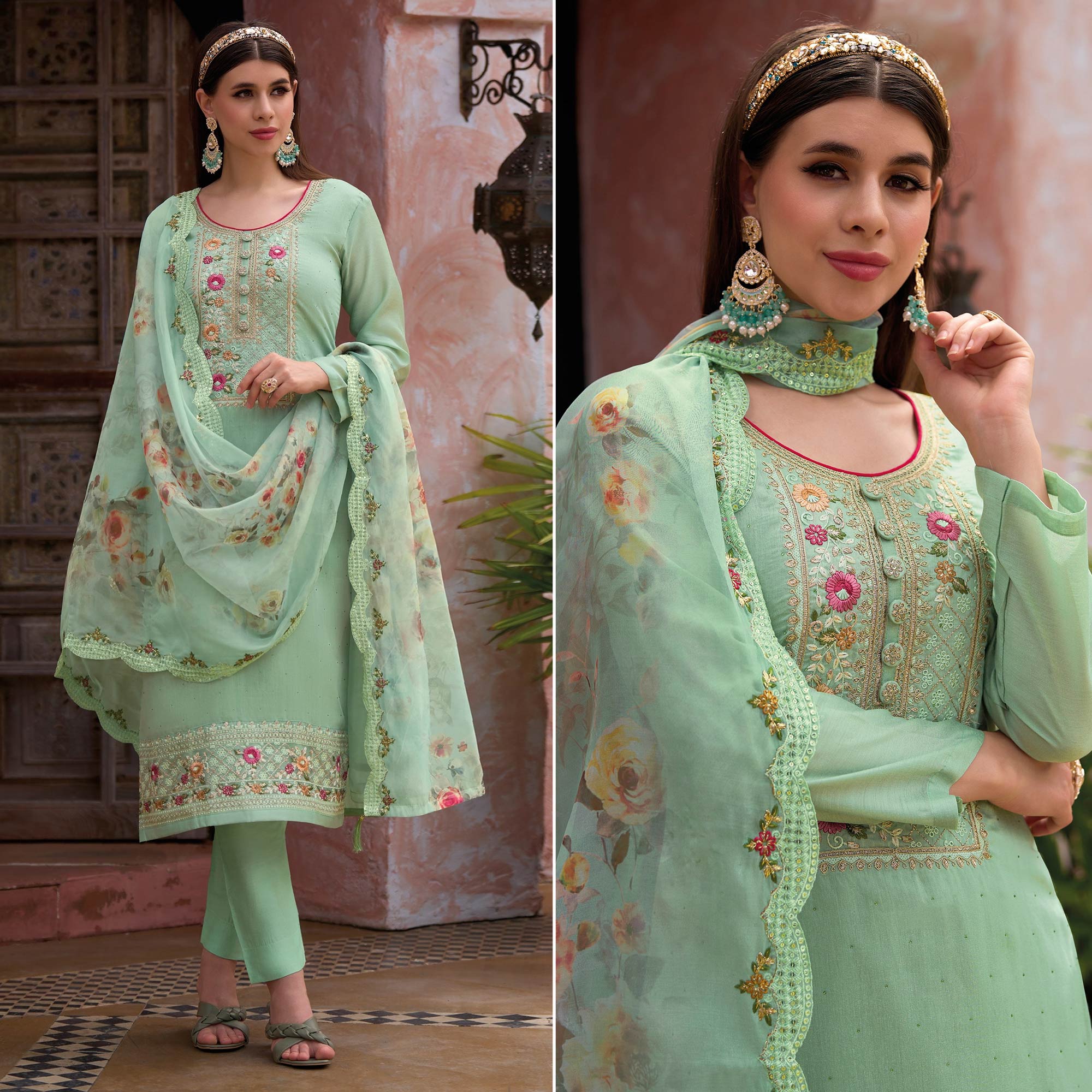 Green Floral Embroidered Viscose Semi Stitched Suit
