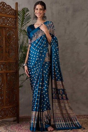 Blue Ajrakh Inspired Printed Modal Satin Saree for Party Occasions