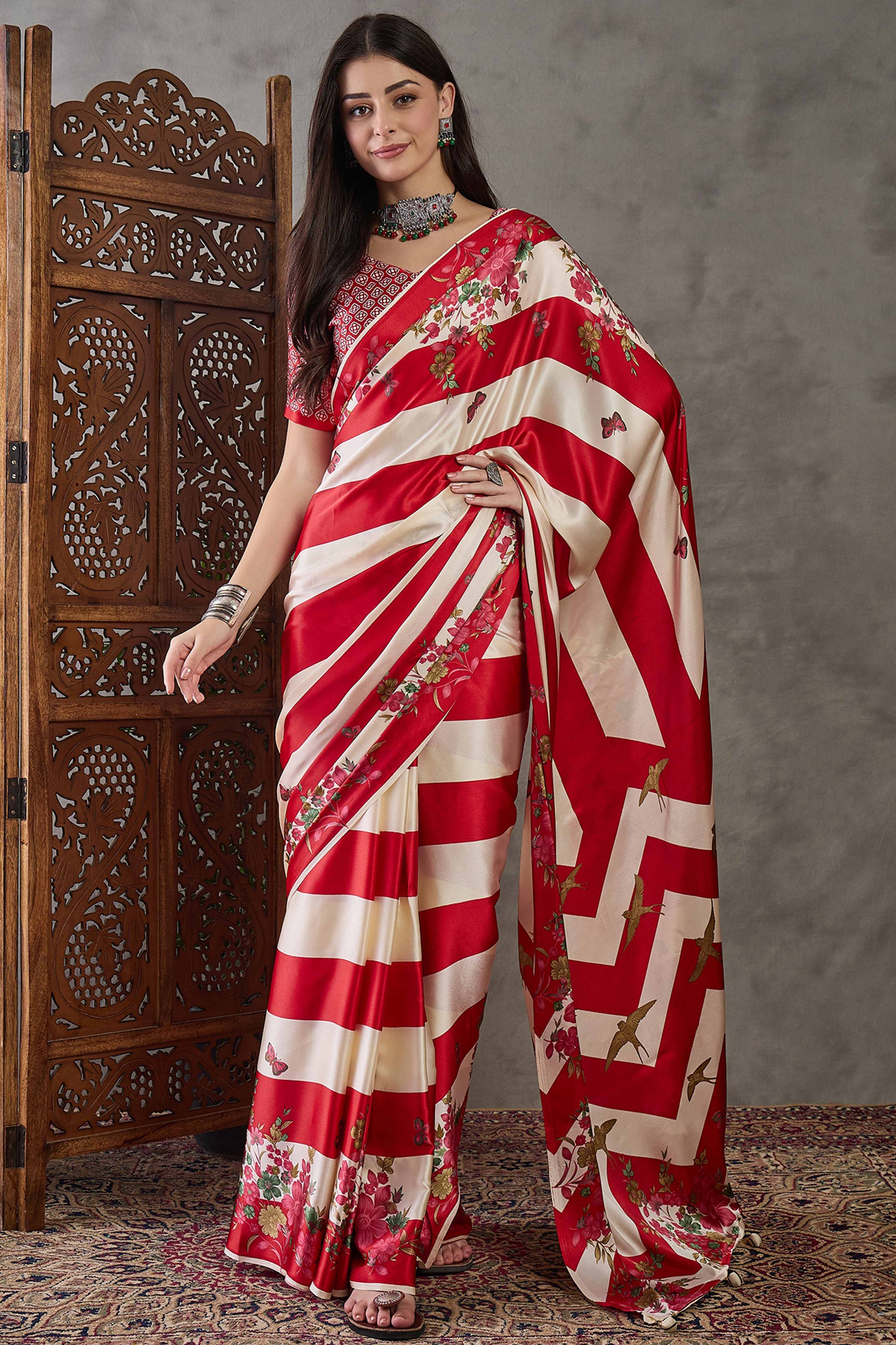 Red Floral Printed Modal Satin Party Wear Saree with a Smooth Satin Finish