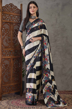 Black Floral Printed Modal Satin Party Wear Saree with a Smooth Satin Finish