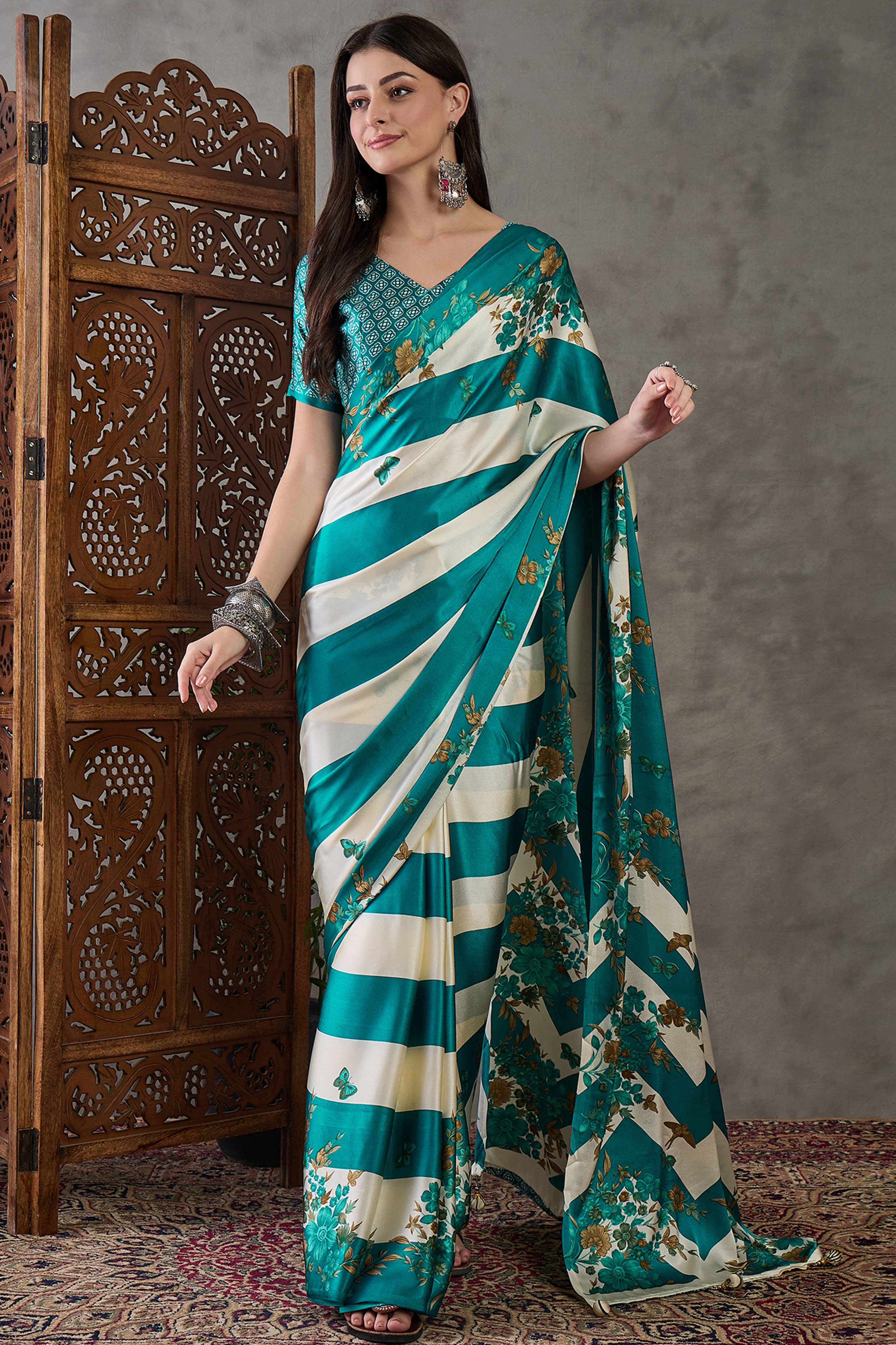 Rama Green Floral Printed Modal Satin Party Wear Saree with a Smooth Satin Finish
