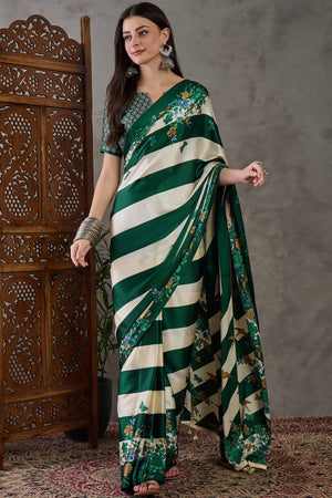 Green Floral Printed Modal Satin Party Wear Saree with a Smooth Satin Finish