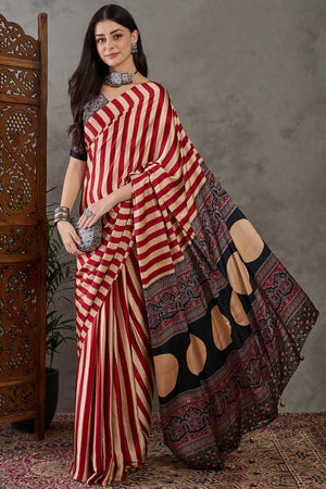 Red Modal Satin Saree with Subtle Stripe Design and Ajrakh Print on Pallu
