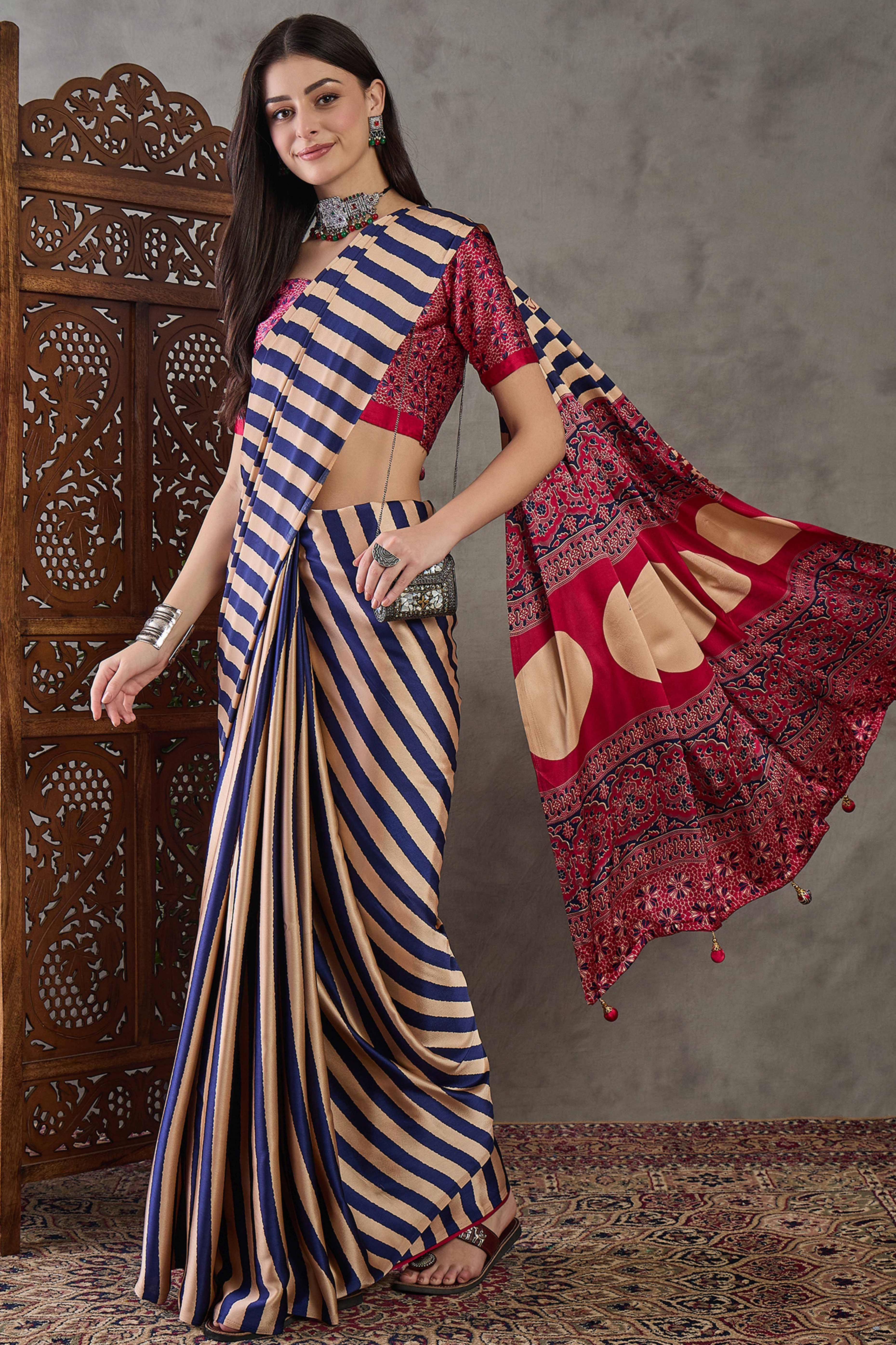Purple Modal Satin Saree with Stripe Design and Ajrakh Print on Pallu