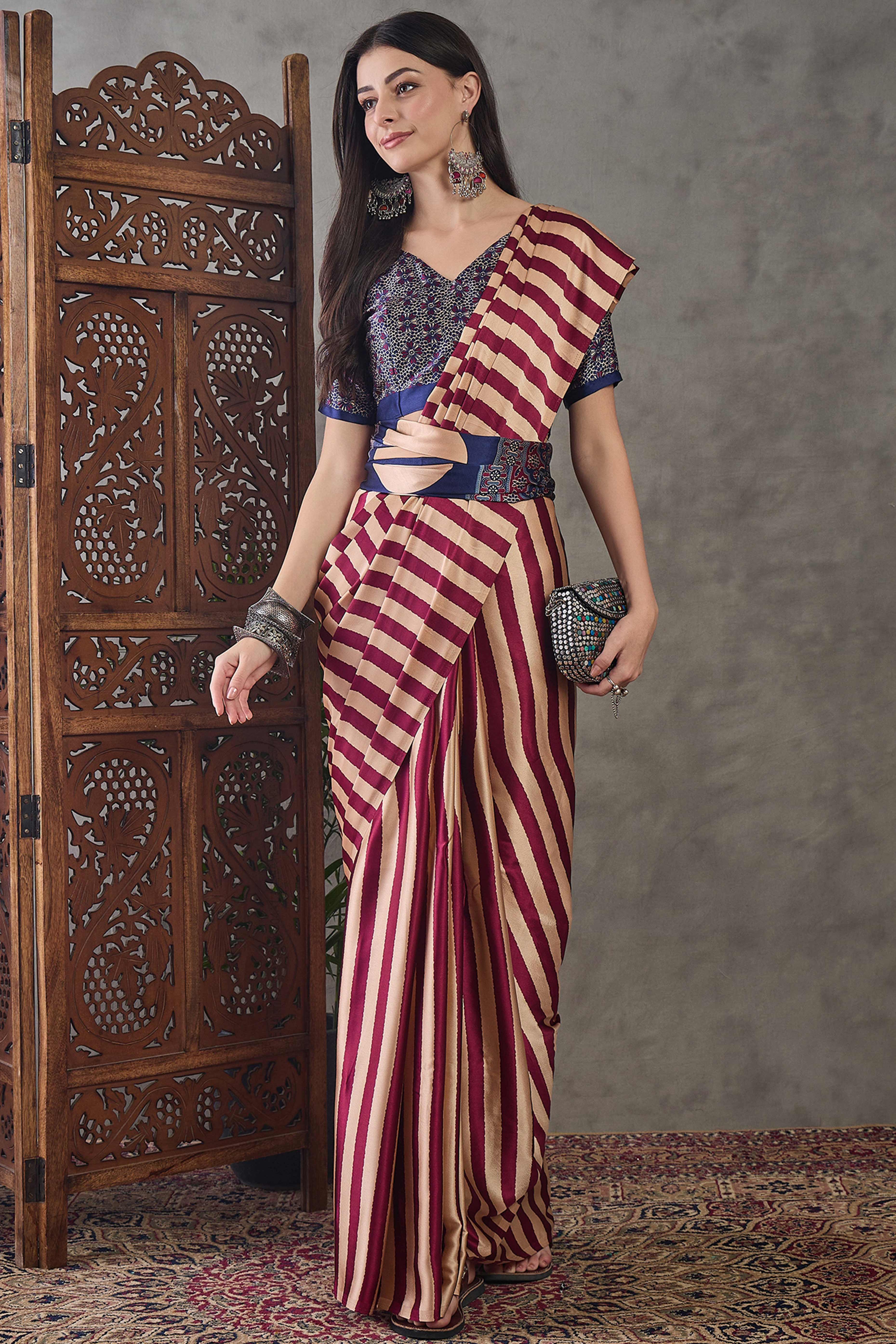 Wine Modal Satin Saree with Subtle Stripe Design and Ajrakh Print on Pallu