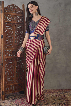 Wine Modal Satin Saree with Subtle Stripe Design and Ajrakh Print on Pallu