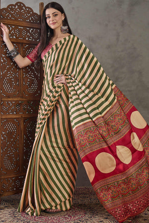 Green Modal Satin Saree with Stripe Design and Ajrakh Print on Pallu