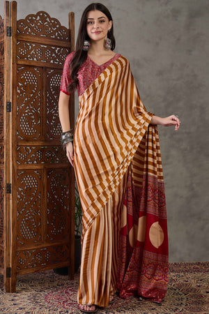 Yellow Modal Satin Saree with Subtle Stripe Design and Ajrakh Print on Pallu