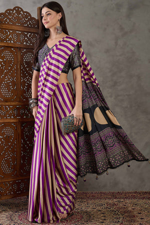 Purple Modal Satin Saree with Subtle Stripe Design and Ajrakh Print on Pallu
