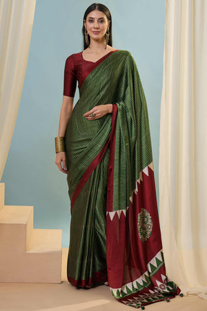 Green Ajrakh Print Satin Saree With Traditional Charm