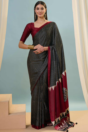 Black Ajrakh Print Satin Saree With Traditional Charm