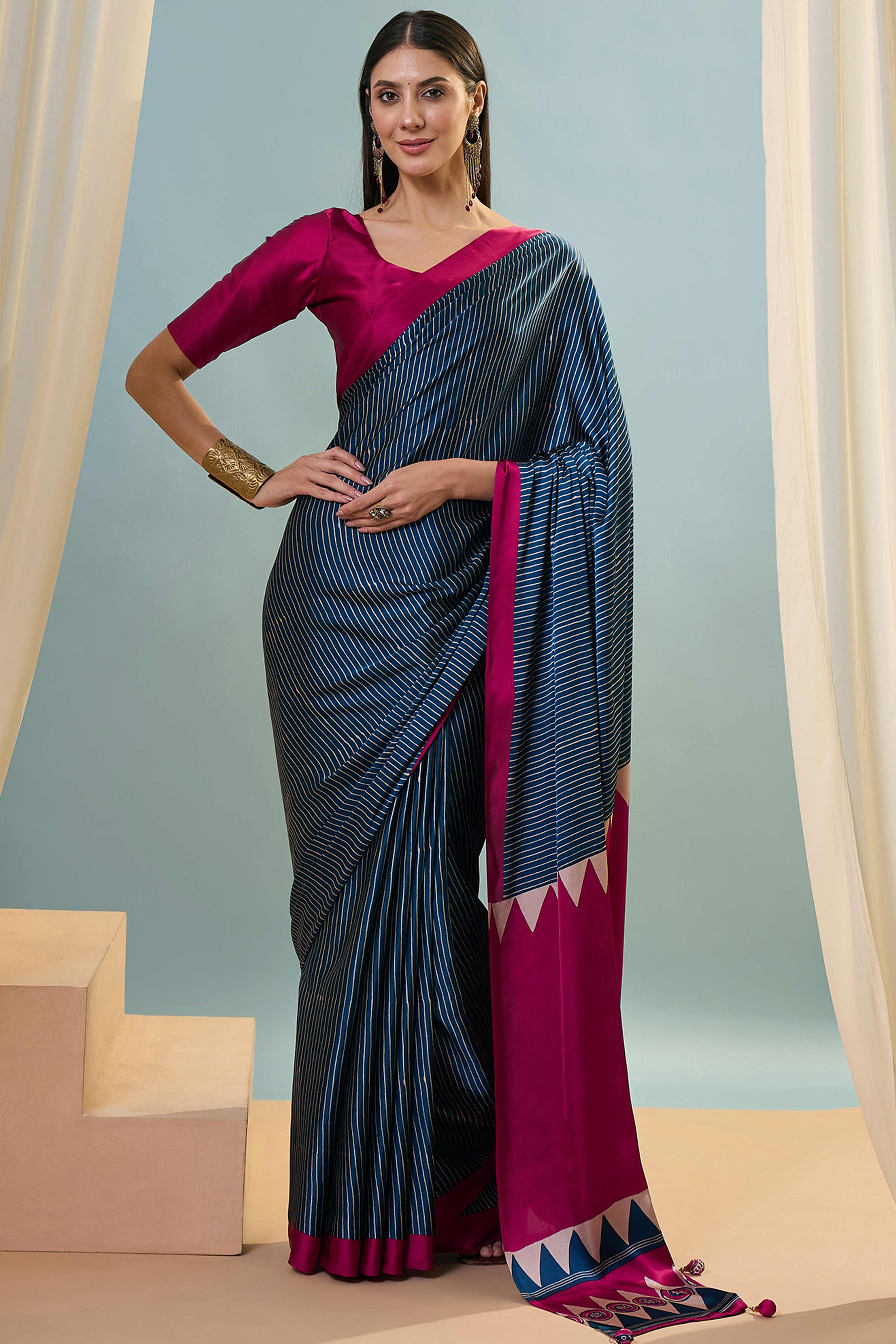 Blue Ajrakh Print Satin Saree With Traditional Charm