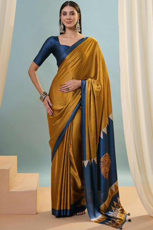 Mustard Ajrakh Print Satin Saree With Traditional Charm