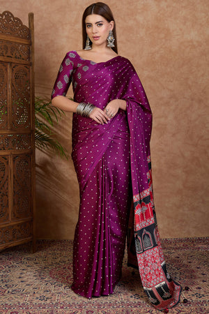 Wine Polka Dot Modal Satin Saree with Traditional Ajrakh Detailing on Pallu