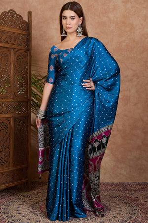 Blue Polka Dot Modal Satin Saree with Traditional Ajrakh Detailing on Pallu
