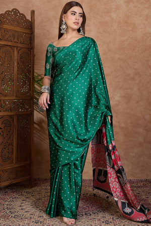 Green Polka Dot Modal Satin Saree with Traditional Ajrakh Detailing on Pallu