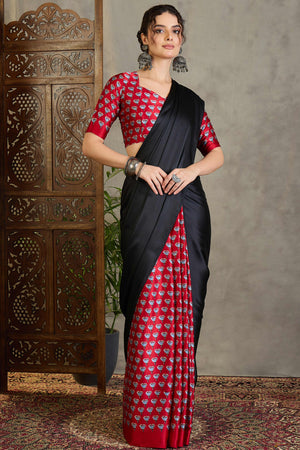 Red Solid Modal Satin Saree Highlighted with Classic Ajrakh Pallu Design