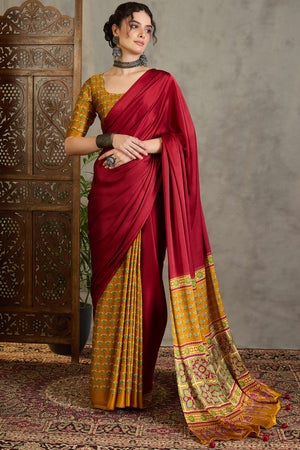 Yellow Solid Modal Satin Saree Highlighted with Classic Ajrakh Pallu Design