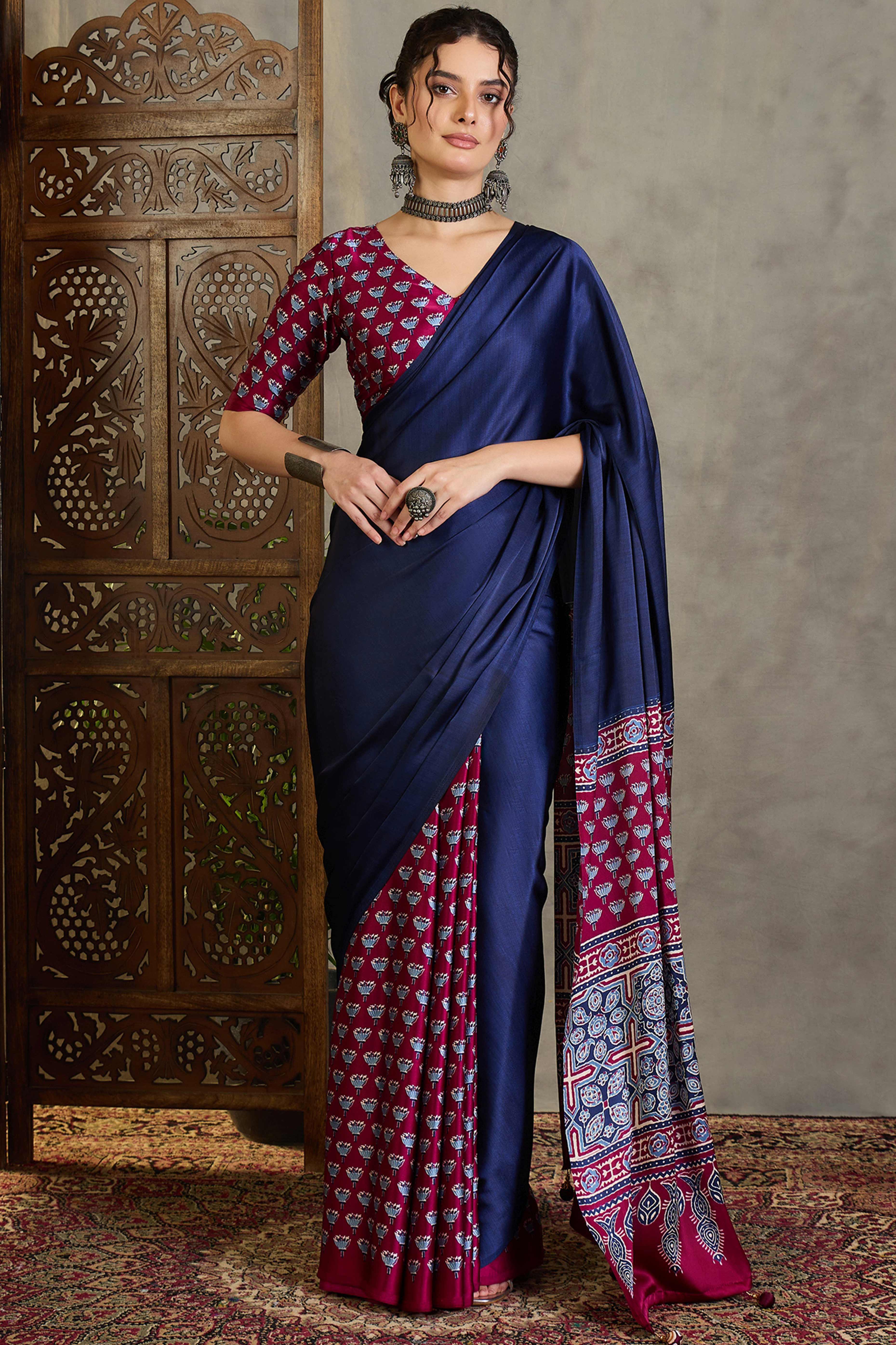 Wine Solid Modal Satin Saree Highlighted with Classic Ajrakh Pallu Design