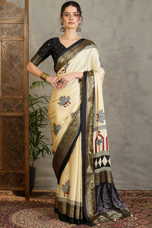 Cream Floral Printed Modal Satin Saree with Traditional Zari Detailing