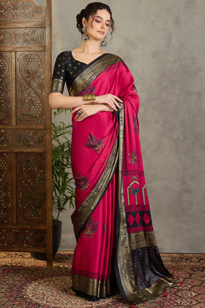 Red Floral Printed Modal Satin Saree with Traditional Zari Detailing