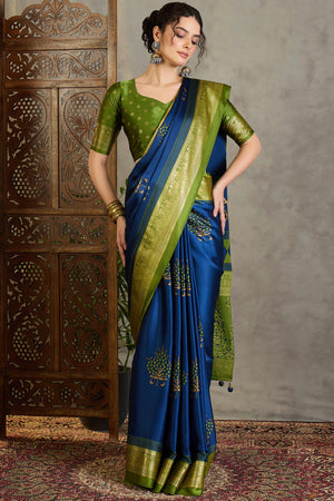 Blue Floral Printed Modal Satin Saree with Traditional Zari Detailing