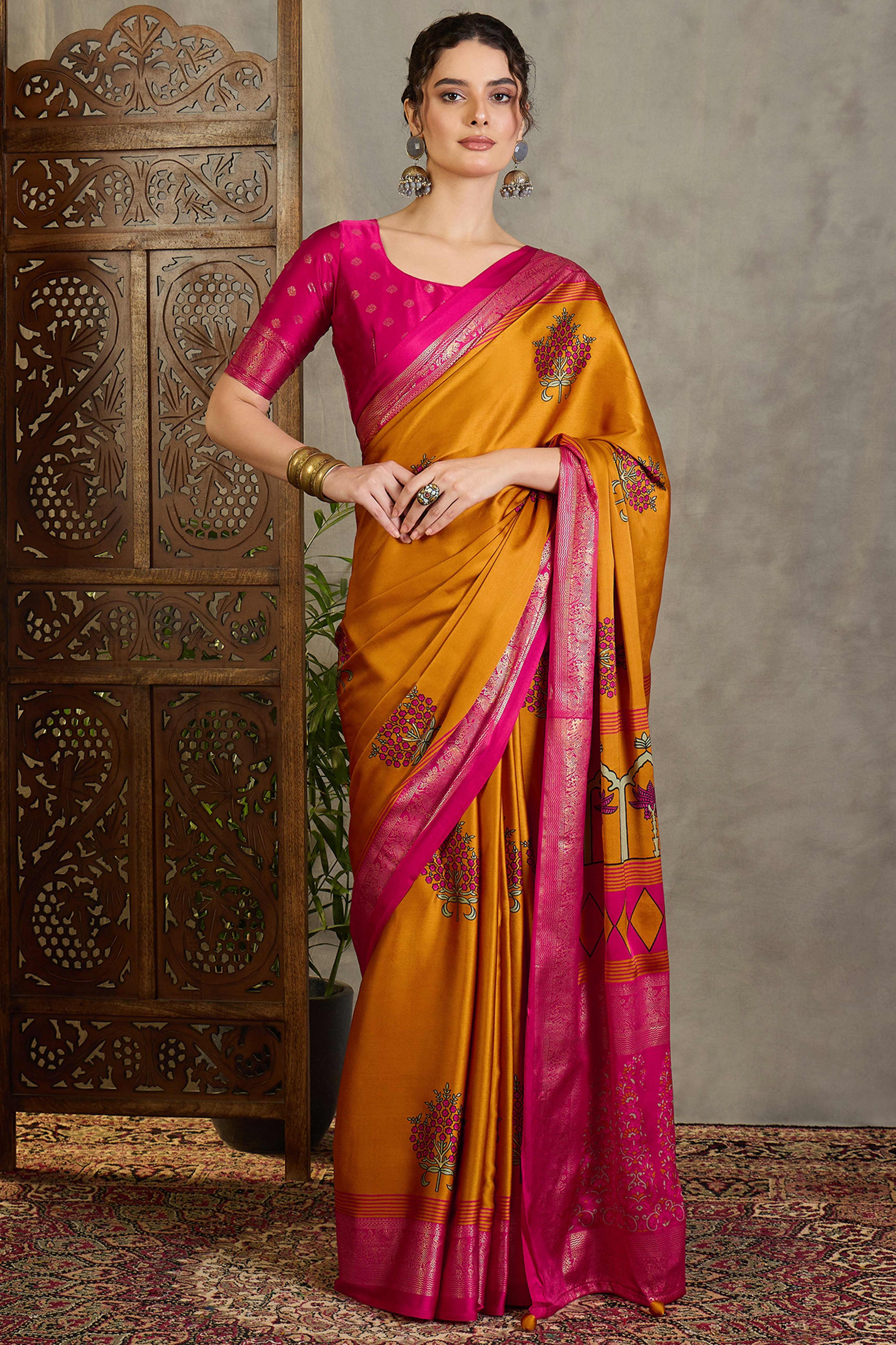 Mustard Floral Printed Modal Satin Saree with Traditional Zari Detailing