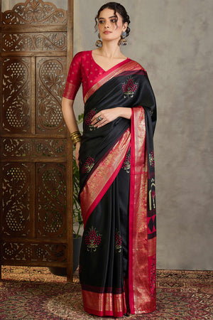 Black Floral Printed Modal Satin Saree with Traditional Zari Detailing