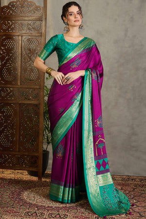 Magenta Floral Printed Modal Satin Saree with Traditional Zari Detailing