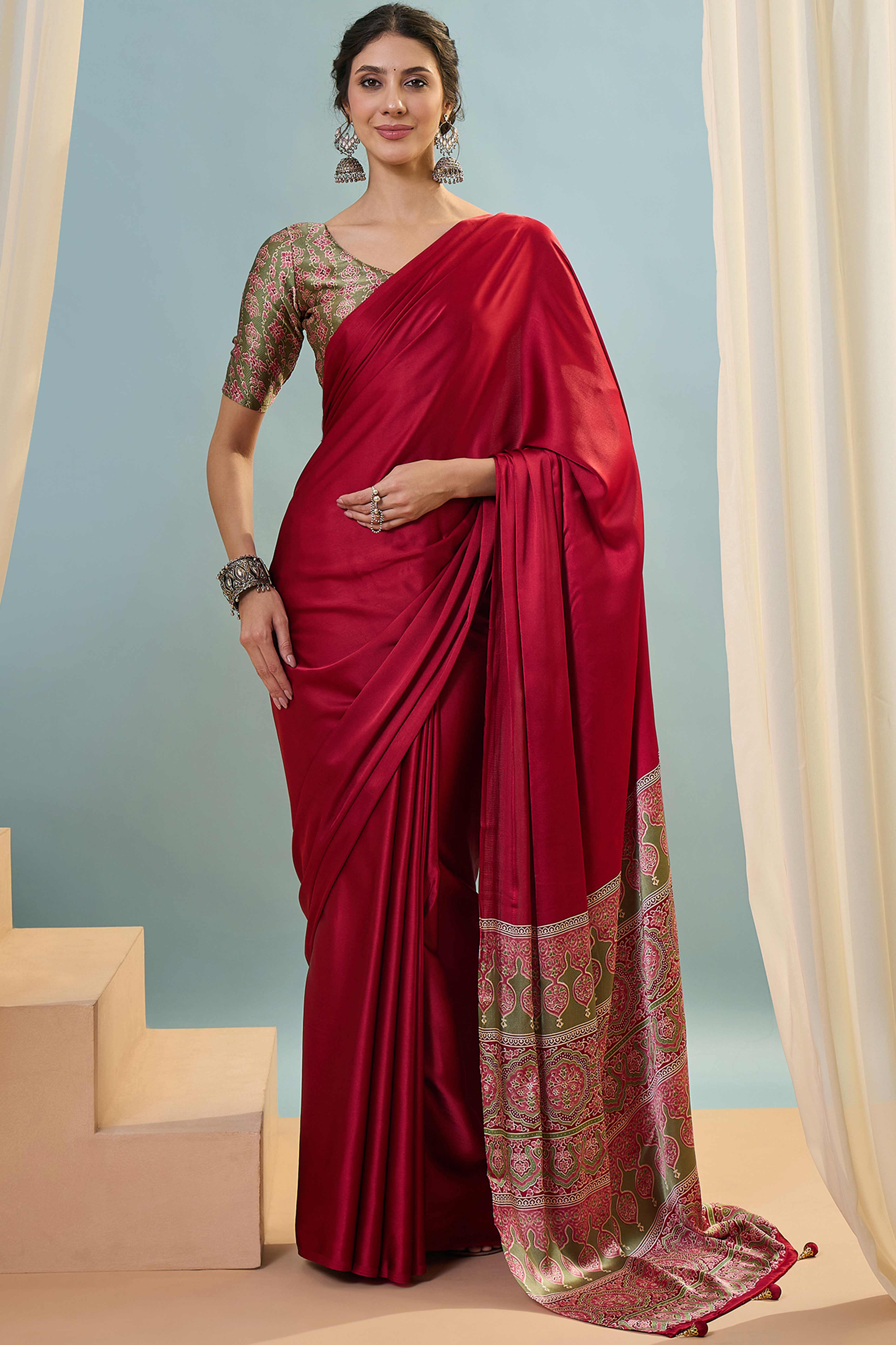 Red Solid Modal Satin Saree Highlighted With Classic Ajrakh Pallu Design