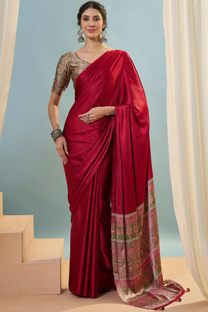 Red Solid Modal Satin Saree Highlighted With Classic Ajrakh Pallu Design