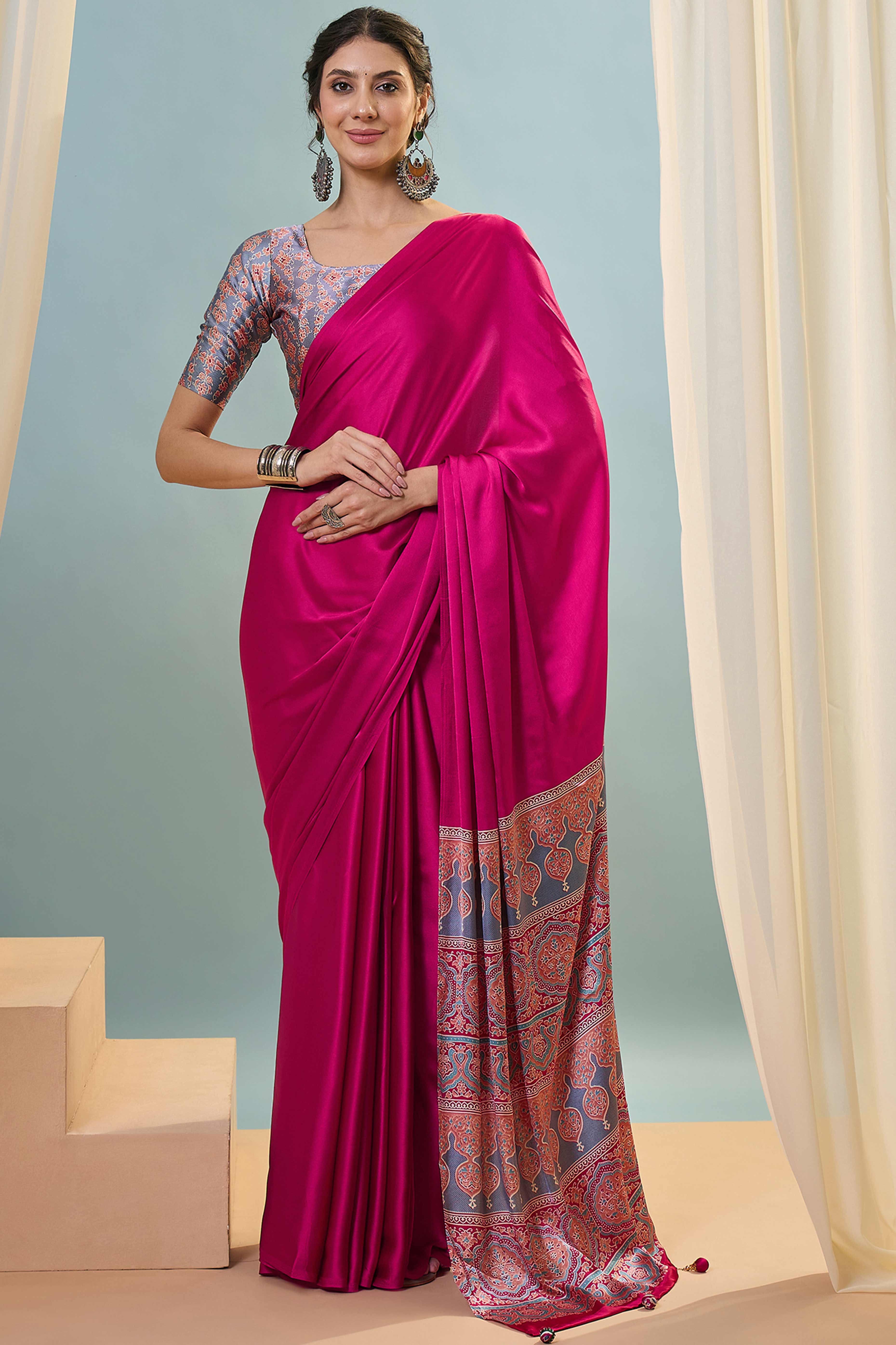 Pink Solid Modal Satin Saree Highlighted With Classic Ajrakh Pallu Design