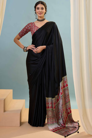 Black Solid Modal Satin Saree Highlighted With Classic Ajrakh Pallu Design