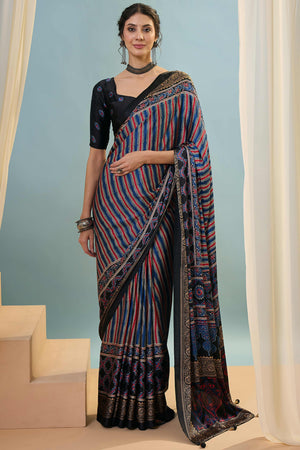 Modern Black Striped Printed Modal Satin Saree with Luxurious Flow and Shine
