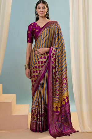 Modern Magenta Striped Printed Modal Satin Saree with Luxurious Flow and Shine