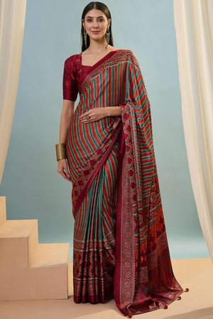 Modern Red Striped Printed Modal Satin Saree with Luxurious Flow and Shine