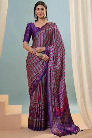 Modern Purple Striped Printed Modal Satin Saree with Luxurious Flow and Shine