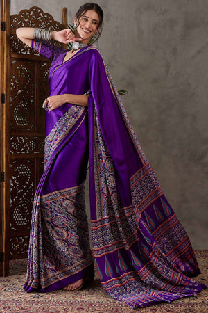 Purple Ajrakh Printed Modal Satin Saree with Rich Party Wear Look