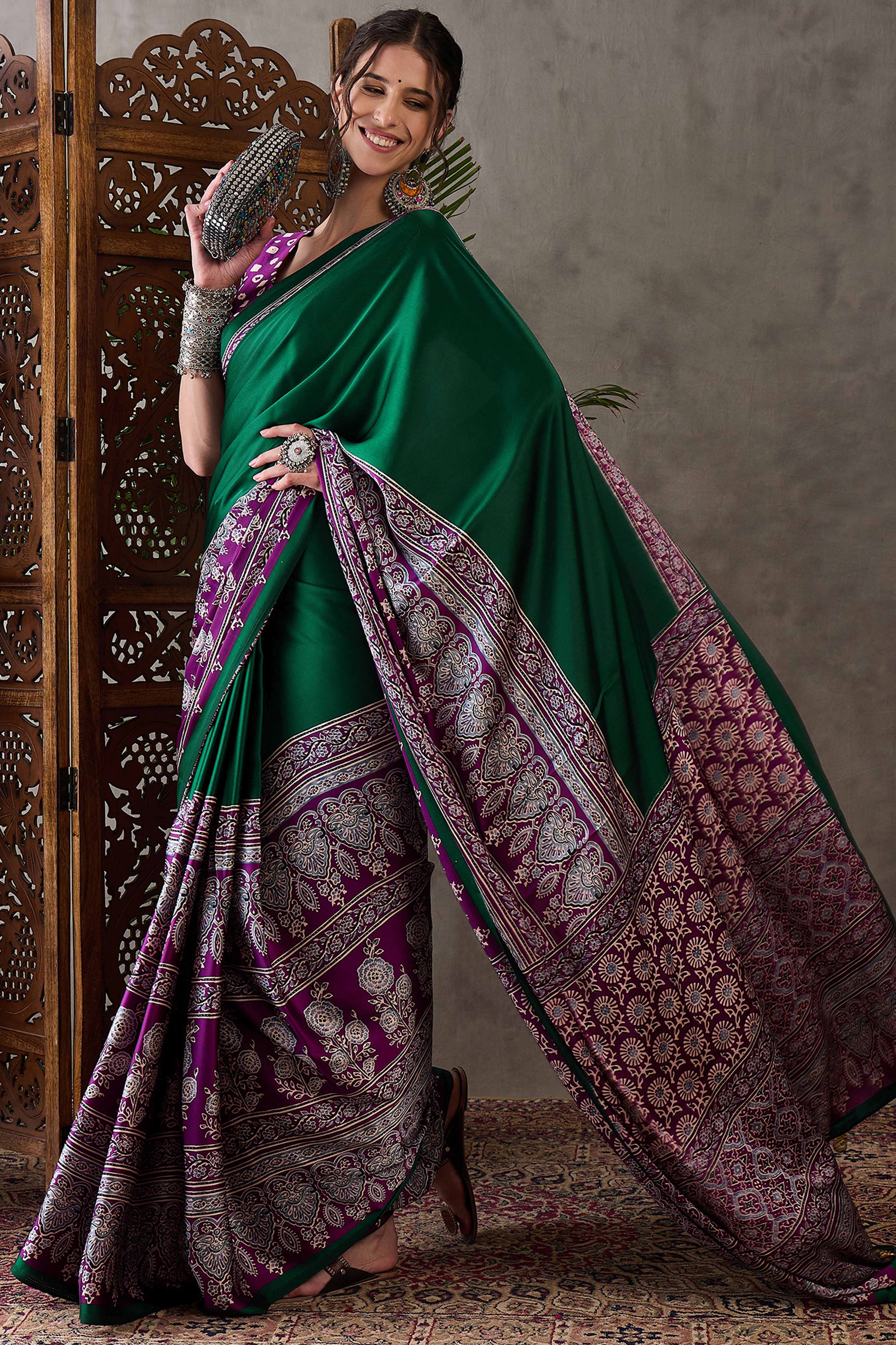 Green & Purple Ajrakh Printed Modal Satin Saree with Elegant Party Wear Appeal