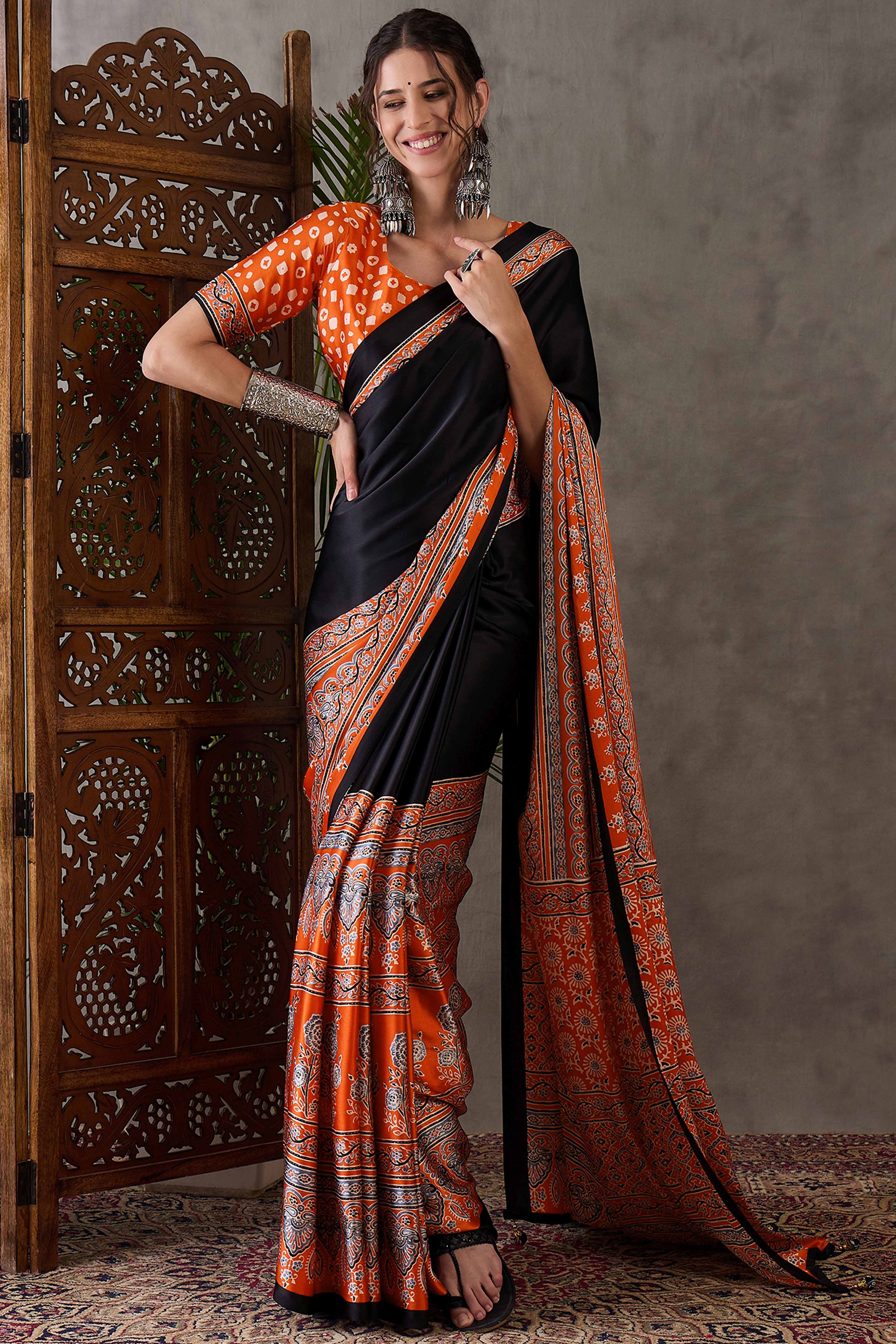 Black & Rust Ajrakh Printed Modal Satin Saree with Elegant Party Wear Appeal