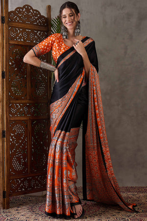 Black & Rust Ajrakh Printed Modal Satin Saree with Elegant Party Wear Appeal
