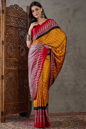 Mustard Ajrakh Printed Modal Satin Saree with Traditional Ajrakh Charm