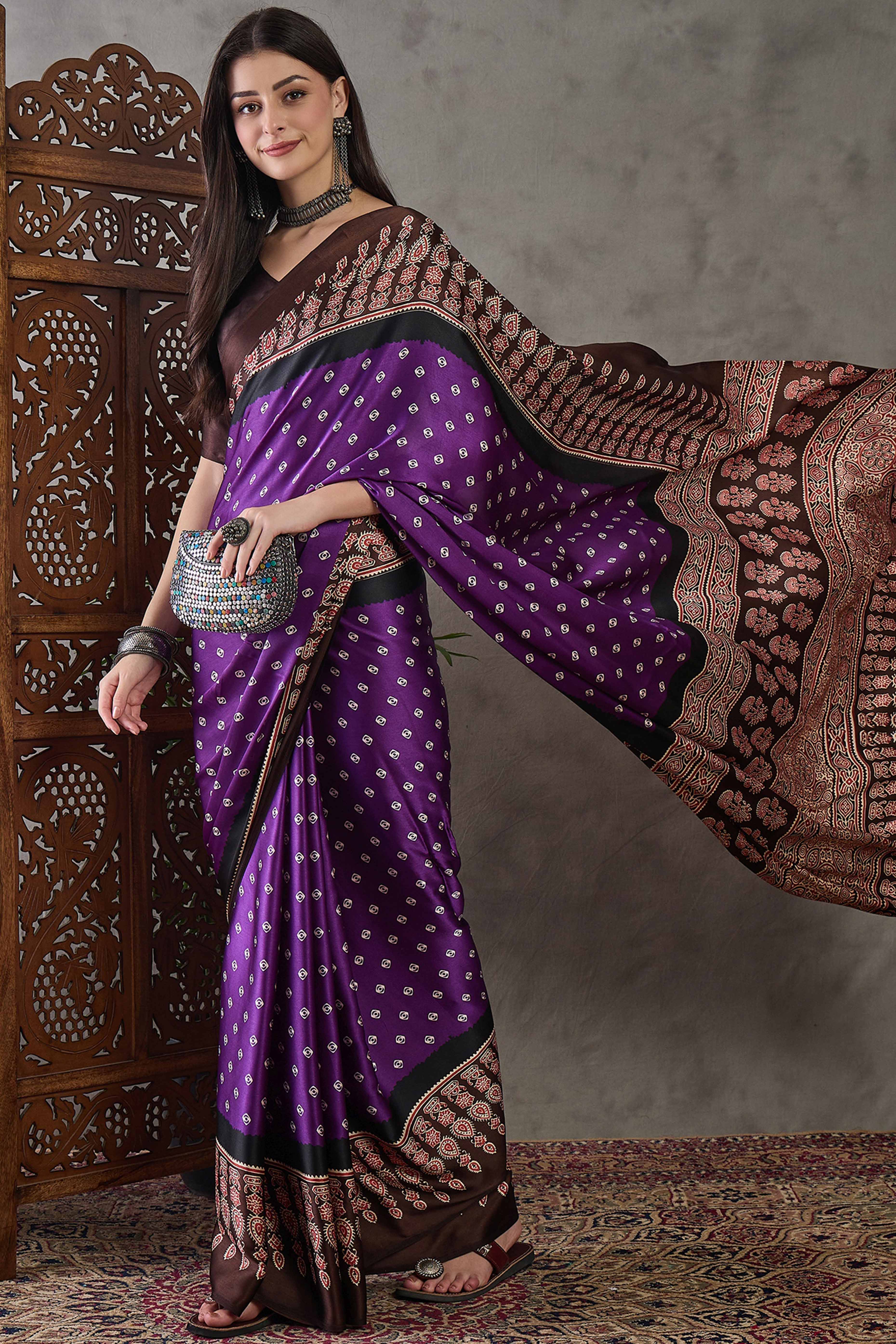 Violet Ajrakh Printed Modal Satin Saree with Traditional Ajrakh Charm