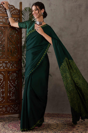 Green Free Style Printed Modal Satin Party Wear Saree with a Smooth Satin Drape