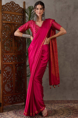 Pink Free Style Printed Modal Satin Party Wear Saree with a Smooth Satin Drape