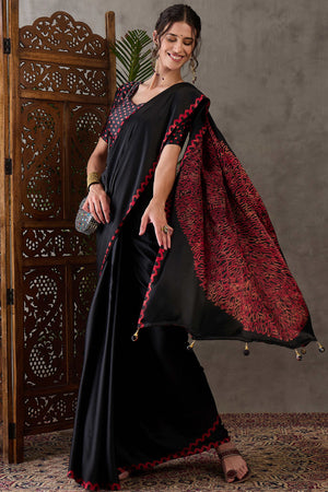 Black Free Style Printed Modal Satin Party Wear Saree with a Smooth Satin Drape